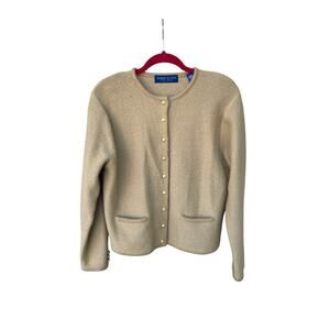 Karen Scott Pure Wool Cardigan Size M Sweater Beige Gold Button Classic